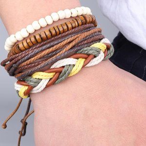 3x Boho Handmade Leather Seed Bracelet Sets